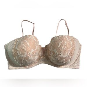 Cacique Multi-Way Strapless Bra Lightly Lined Pink/White LACE Bra Underwire 44F